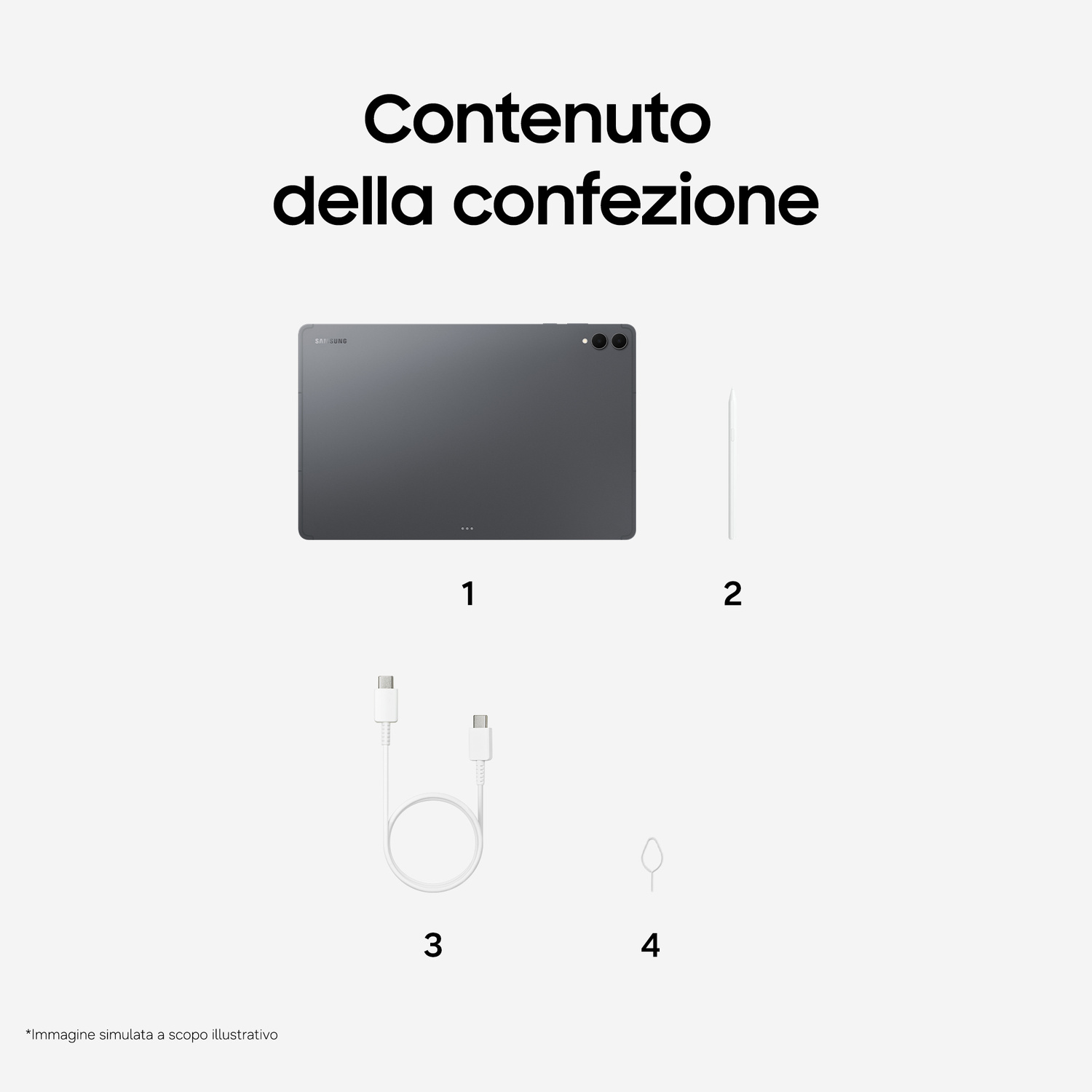 Contenuto della confezione: tablet, penna, cavo USB-C e graffetta SIM.