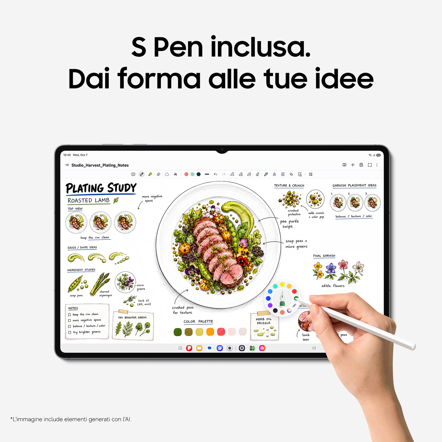 Un tablet mostra ricette e note di impiattamento disegnate a mano. Una mano usa un pennino per scegliere un colore.