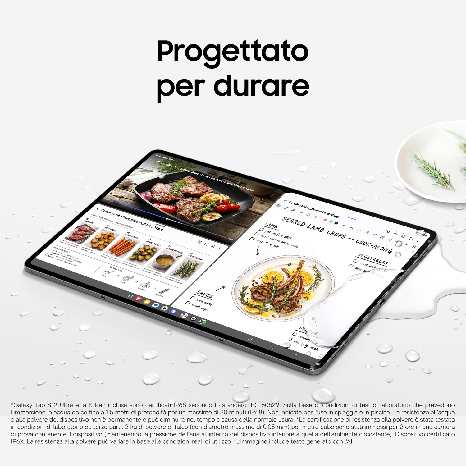 Un Galaxy Tab S12 Ultra con schermo diviso per ricette di cucina, circondato da gocce d'acqua su sfondo bianco.