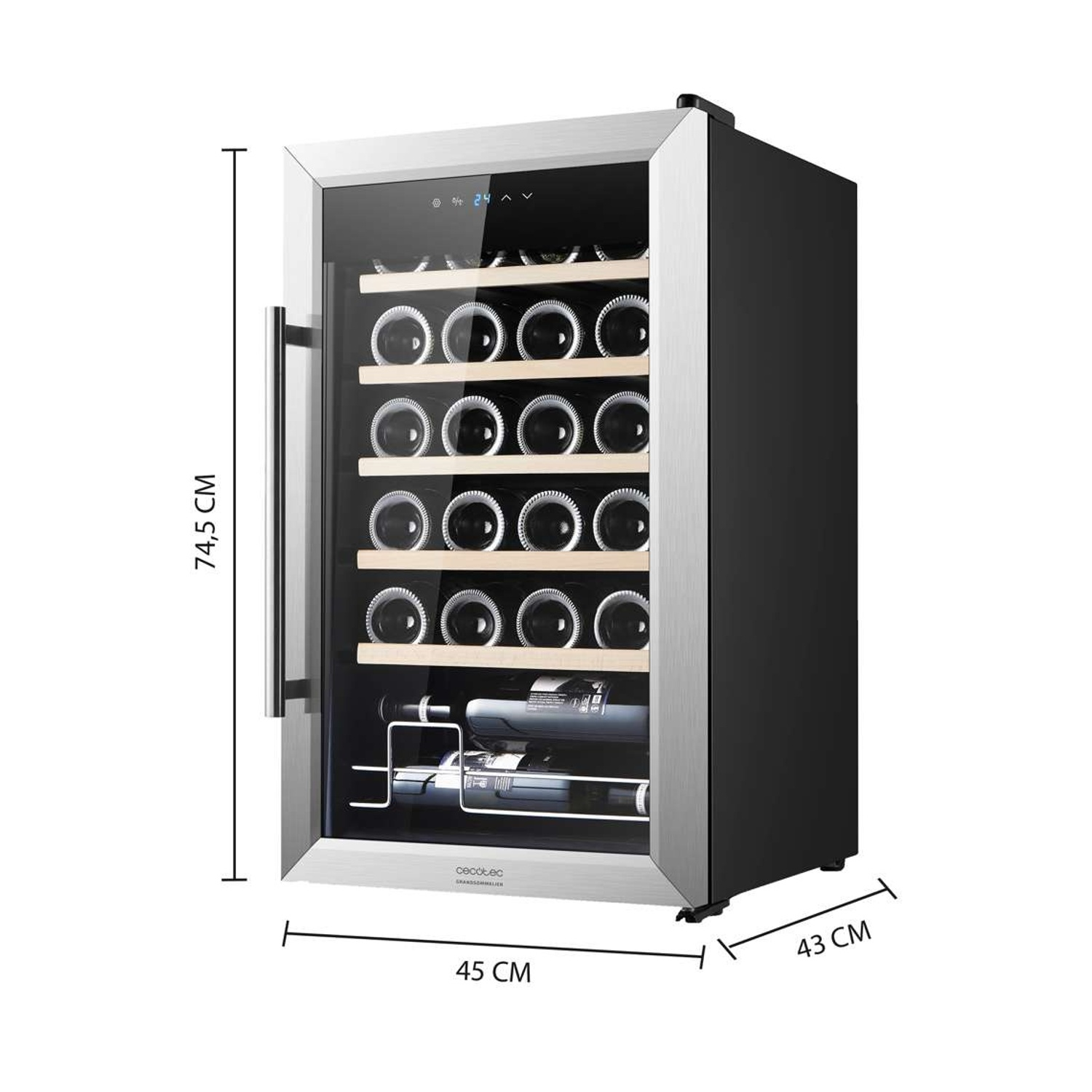 Cantinetta vino in acciaio inox con porta in vetro e ripiani in legno. Dimensioni 74,5x45x43 cm.