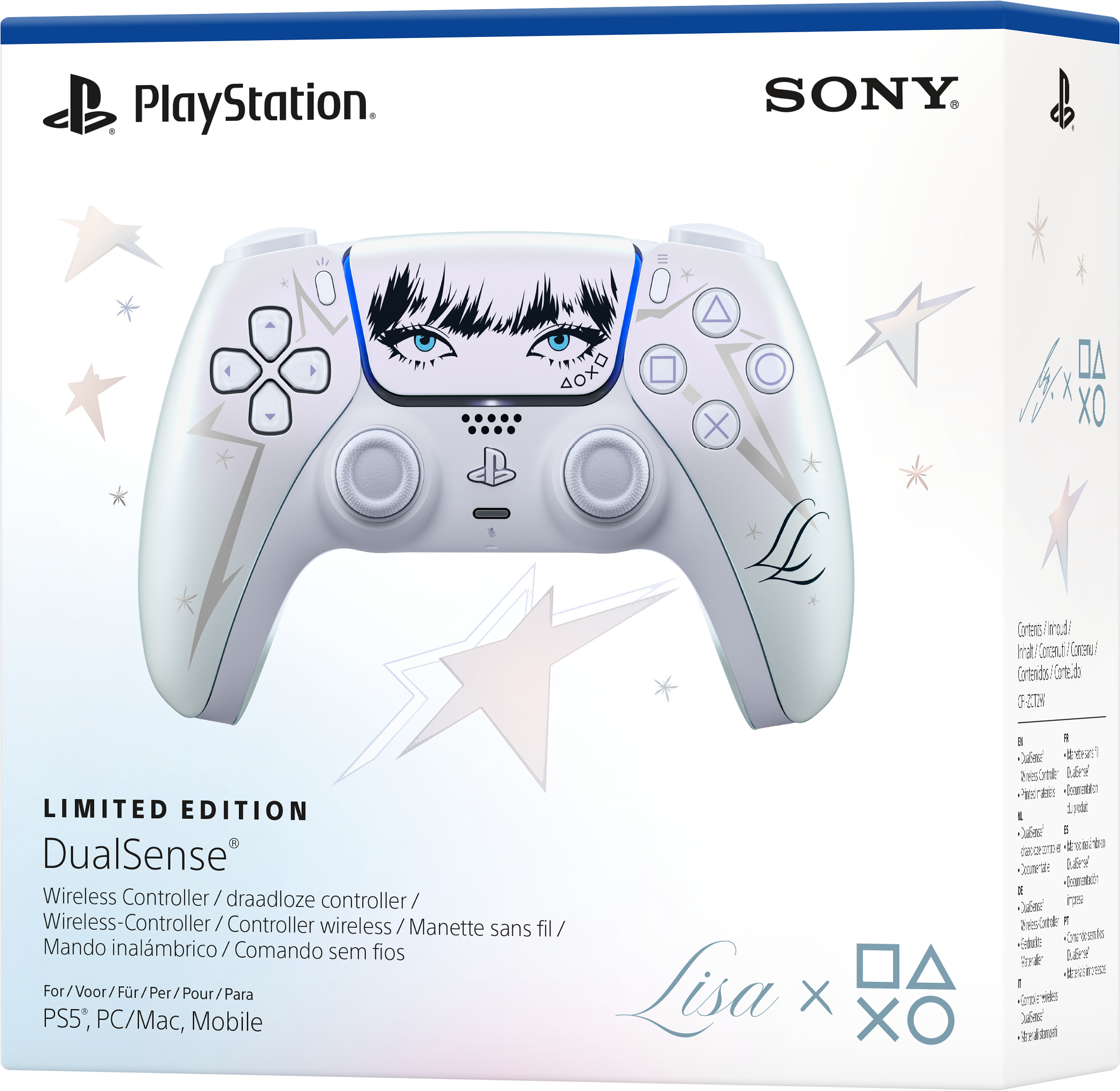 Limitierte Lisa Edition DualSense Wireless-Controller in Weiß mit blauen Augen und Sternen auf der Verpackung.