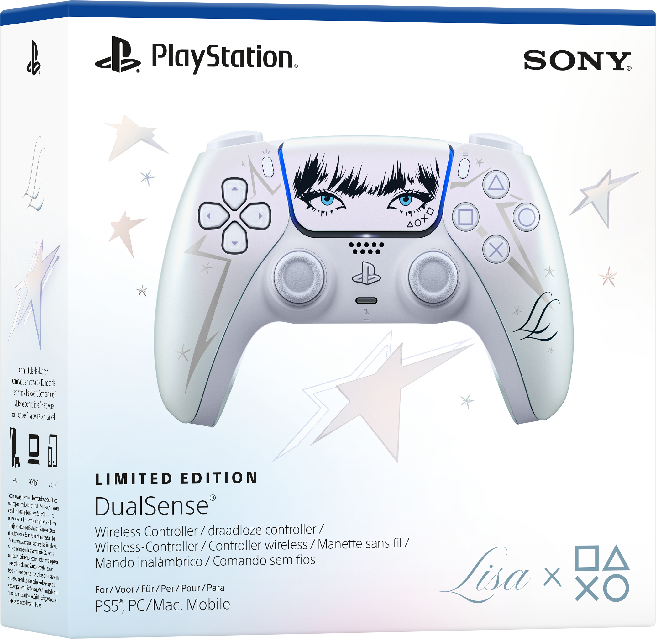 Limitierte Lisa x DualSense Wireless-Controller-Verpackung mit lilafarbenen Sternen und Augenmotiv.
