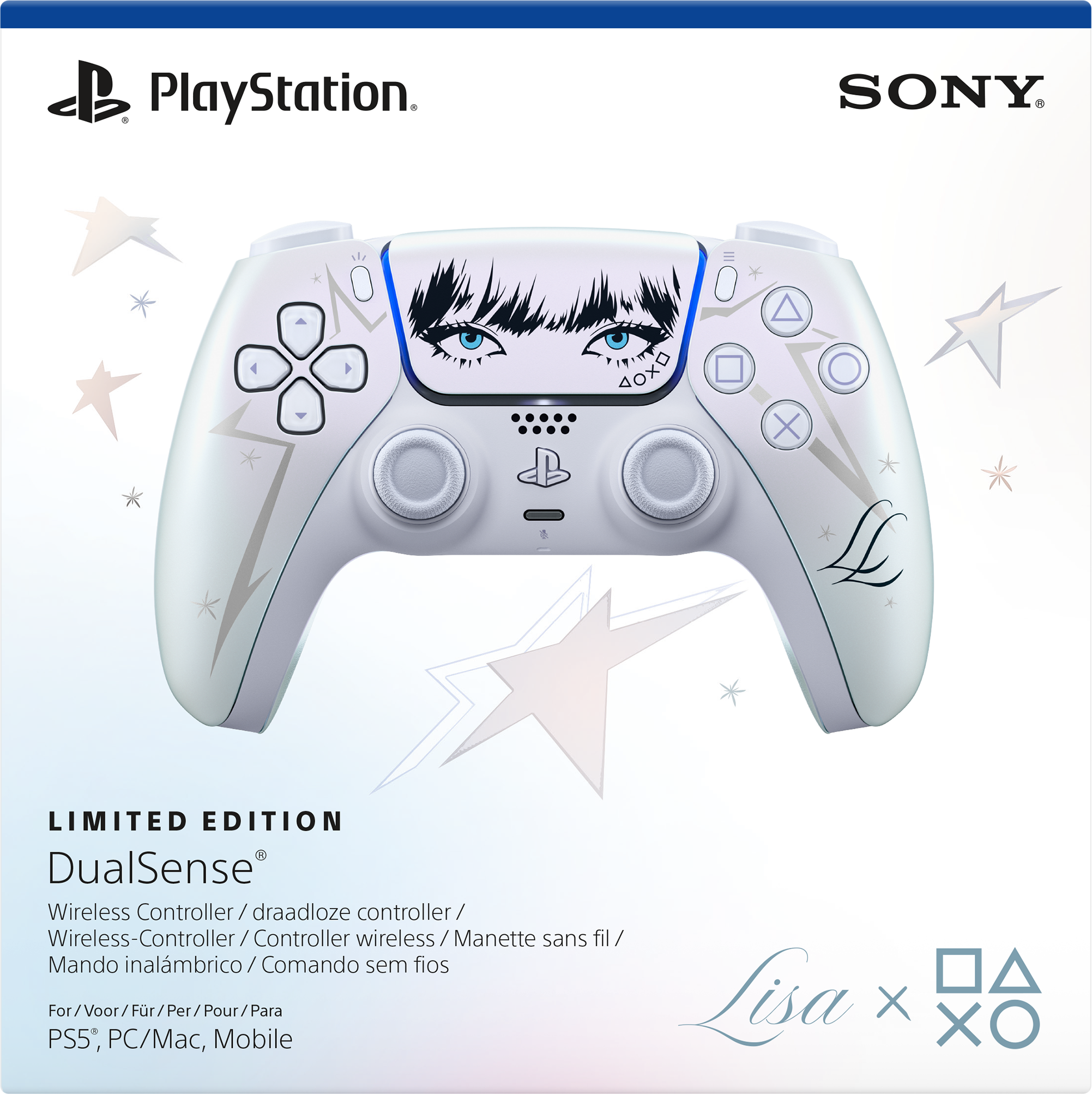 Limitierte weiß-goldene PlayStation DualSense Controller Lisa Edition mit blauen Augen und Sternenmuster.