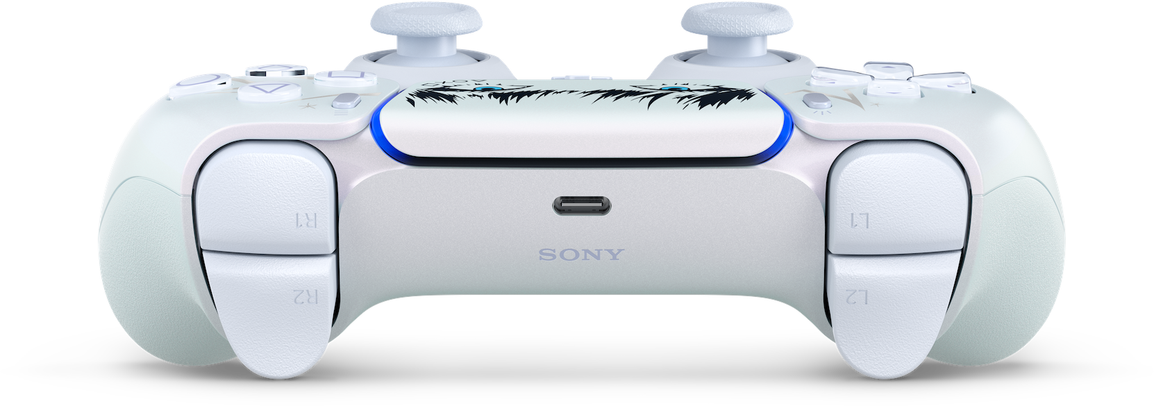 Ein weißer DualSense-Wireless-Controller mit schwarzen Grafikmustern und blauer Beleuchtung.