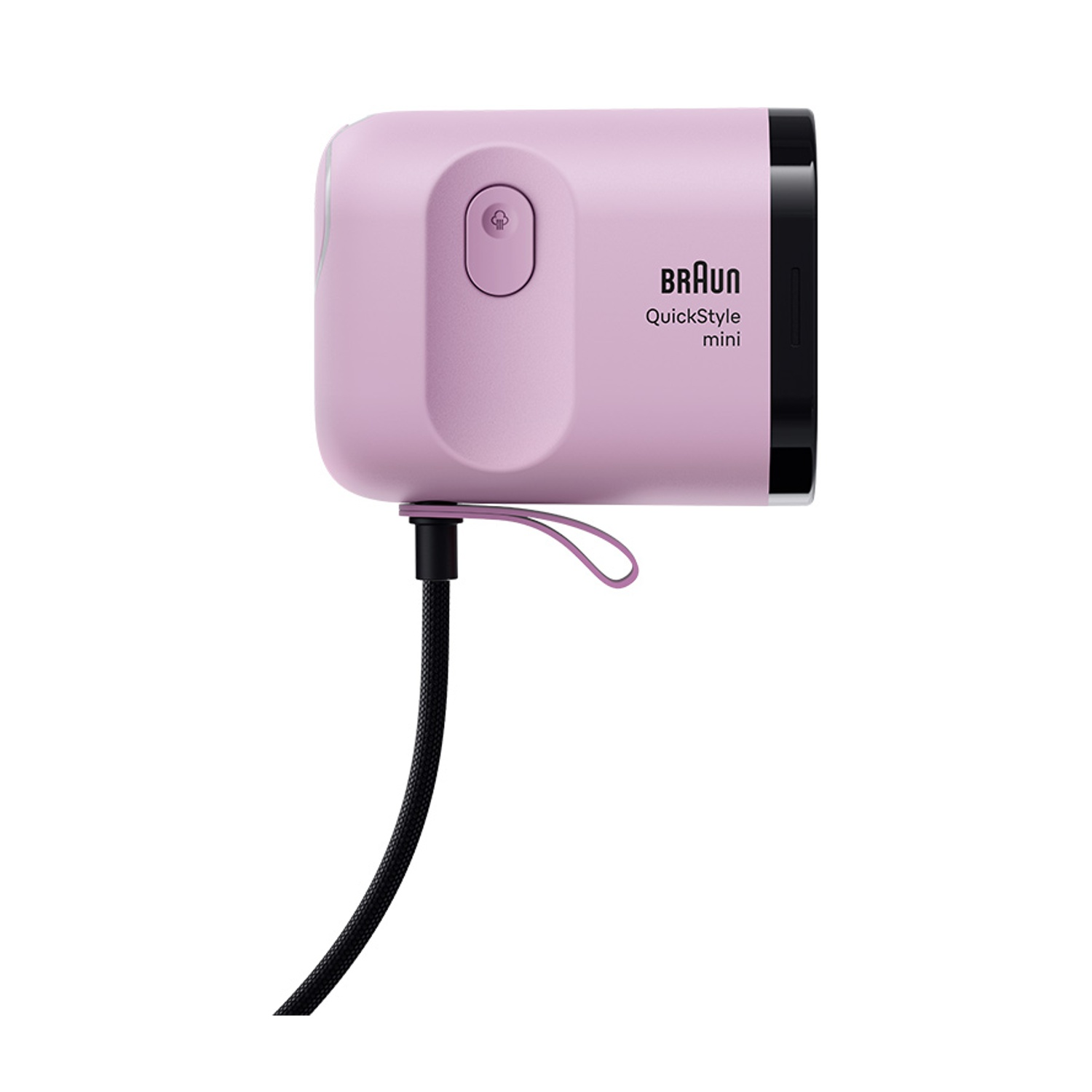 Un vaporizzatore per indumenti portatile Braun QuickStyle mini viola chiaro con cavo nero.