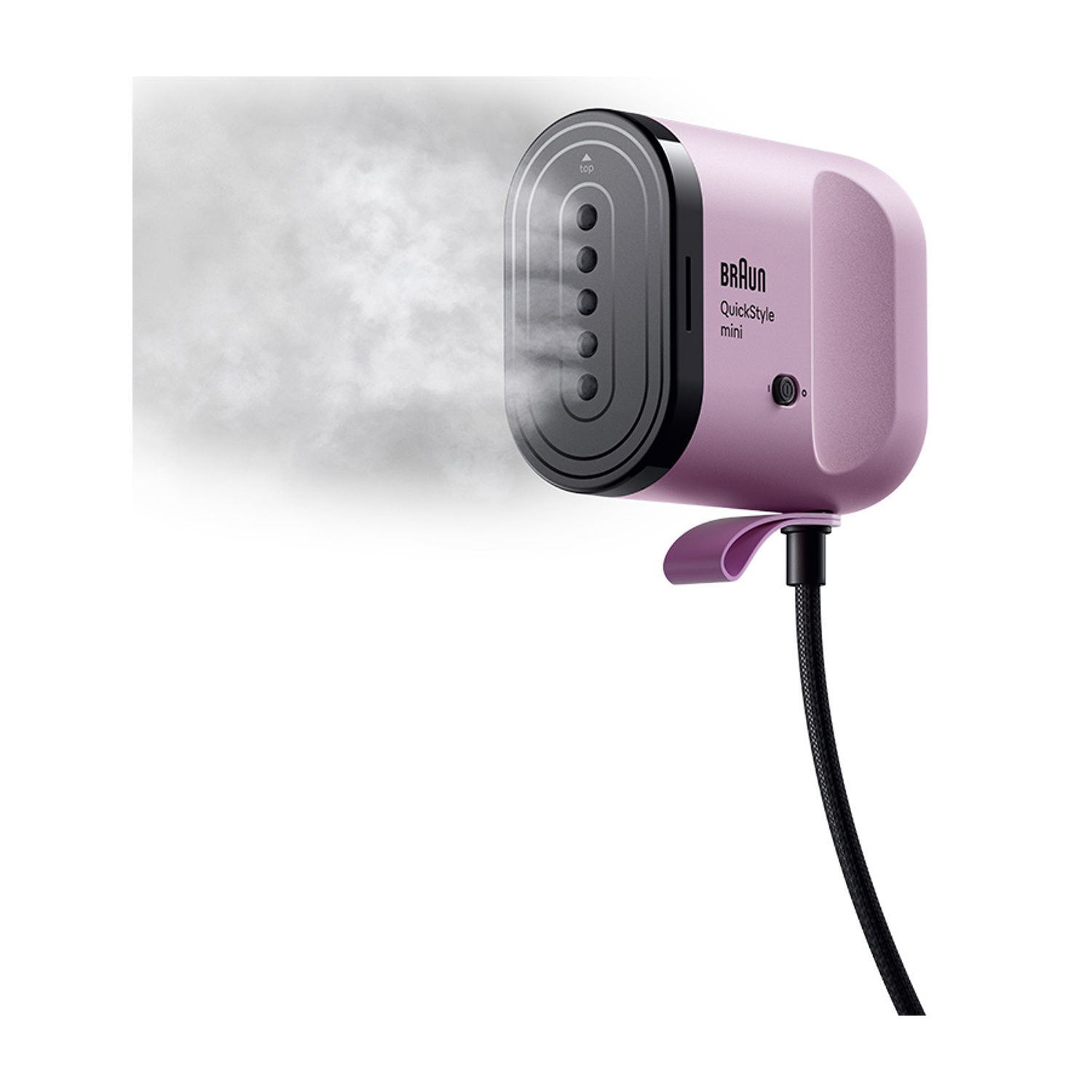 Uno stiratore a vapore portatile rosa Braun QuickStyle Mini emette vapore.