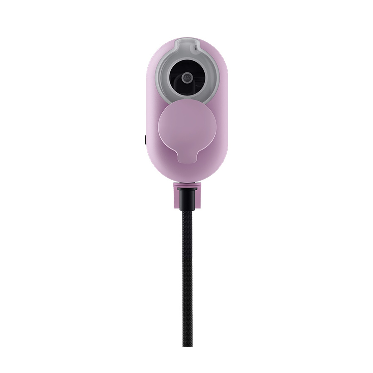 Un dispositivo elettrico rosa con un cavo nero su sfondo bianco.