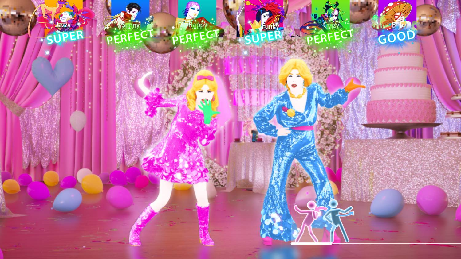 Dos bailarines con trajes retro brillantes y coloridos en un escenario rosa con globos y un gran pastel.