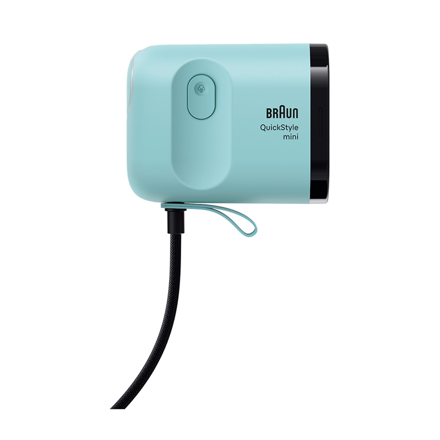 Uno stiratore verticale Braun QuickStyle Mini turchese con cavo nero su sfondo bianco.
