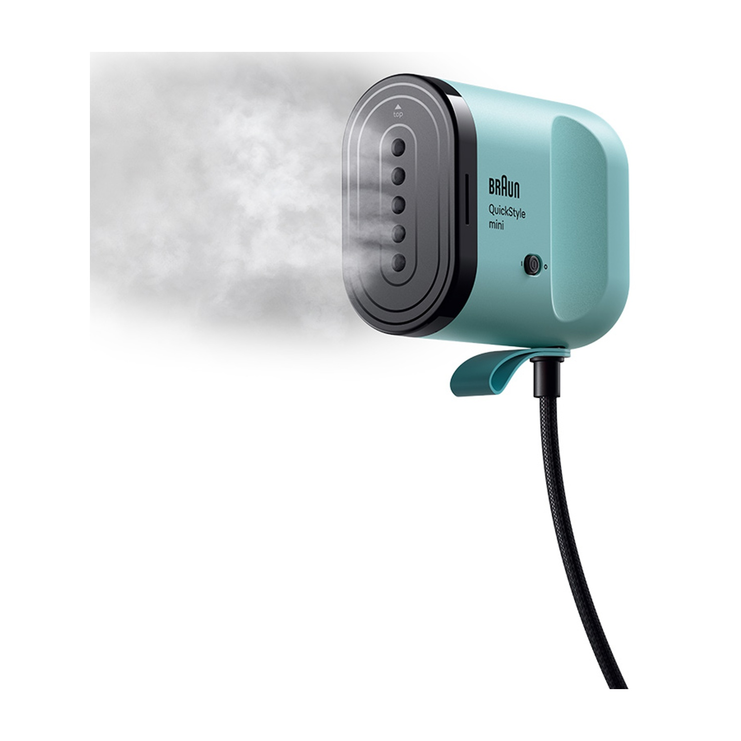Uno stiratore verticale Braun QuickStyle mini azzurro emette vapore, con un cavo nero sotto.