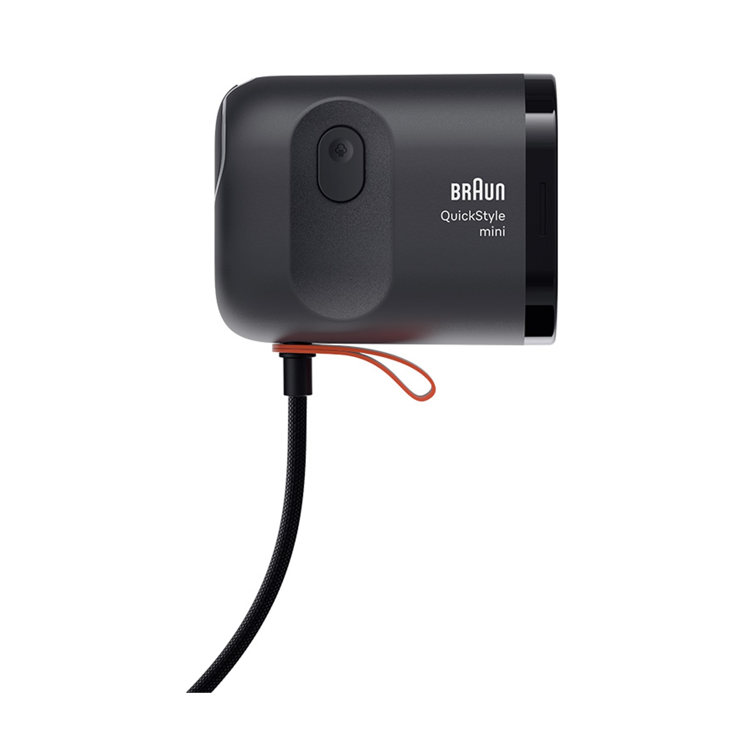 Stiratrice verticale a vapore nera Braun QuickStyle mini con cavo e anello rosso.
