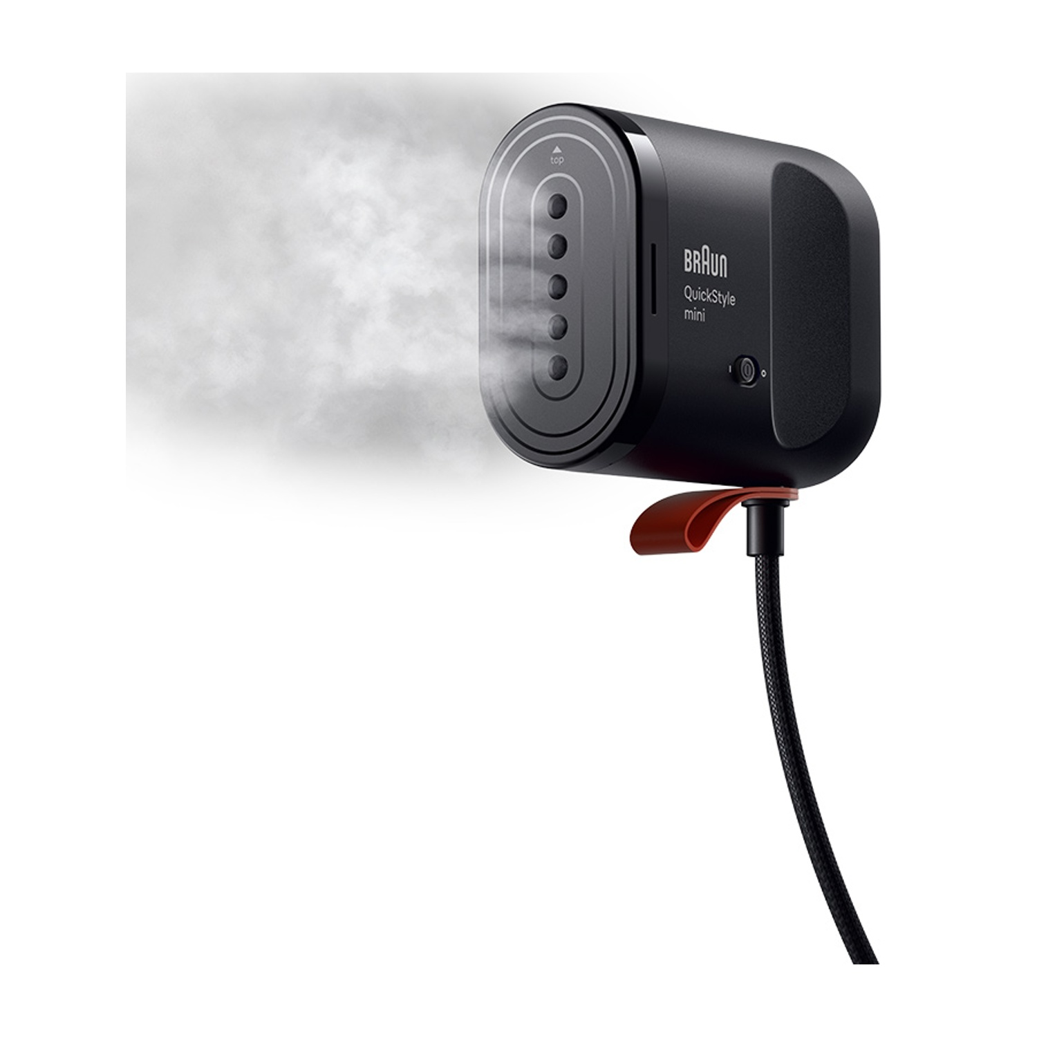 Un vaporizzatore nero Braun QuickStyle mini emette vapore su uno sfondo bianco.