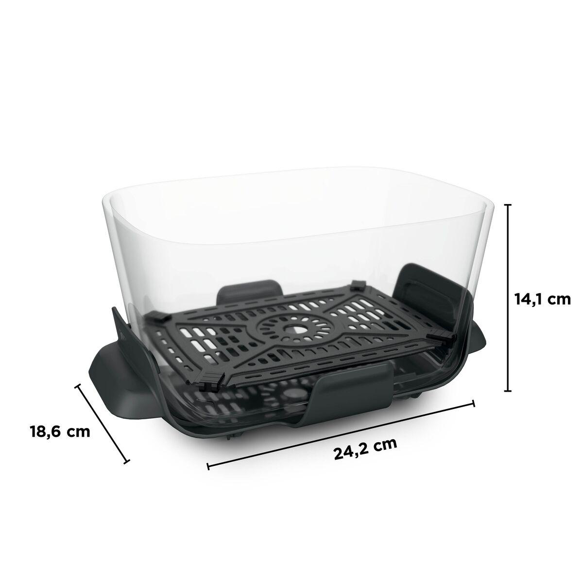 Transparenter Behälter mit schwarzem Einsatz und Maßen: 24,2 x 18,6 x 14,1 cm vor weißem Hintergrund.