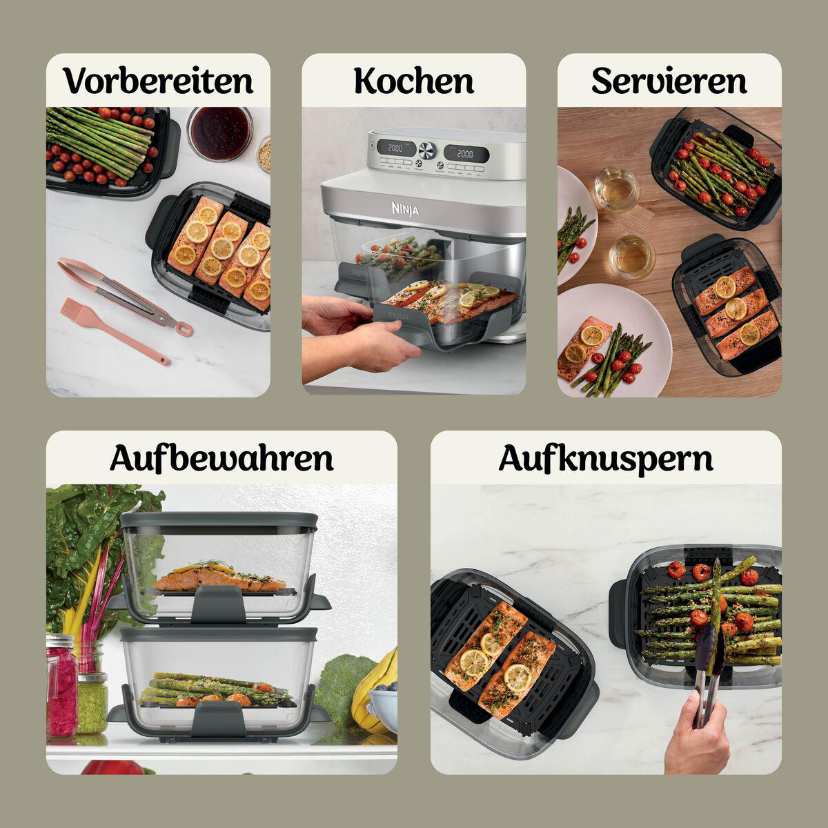 Fünf Bilder zeigen Schritte mit einem Ninja-Gerät: Vorbereiten, Kochen, Servieren, Aufbewahren und Aufknuspern.