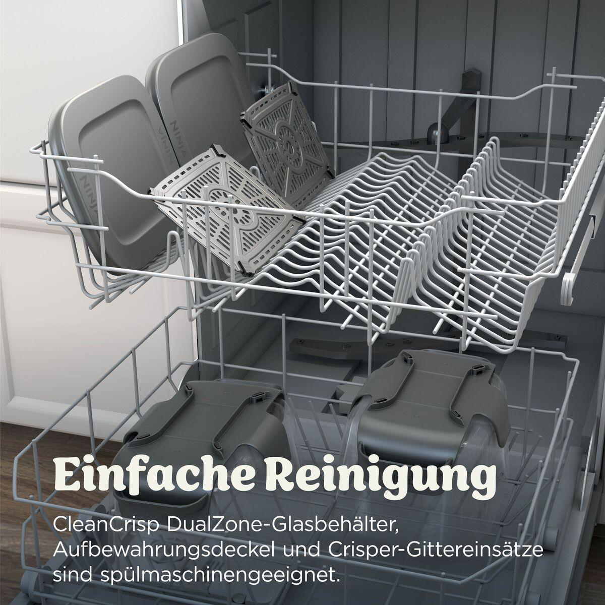 Geschirrspüler gefüllt mit Glasbehältern, Deckeln und Crisper-Gittereinsätzen.