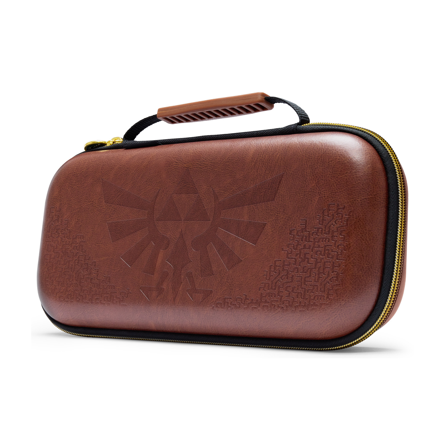 Custodia rigida marrone per console di gioco con l'emblema della Triforza di Zelda e una maniglia.