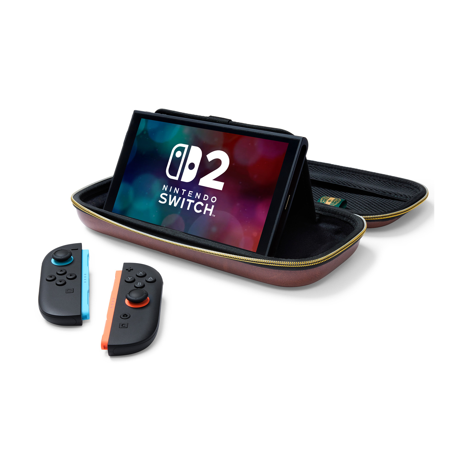 Una console Nintendo Switch in una custodia marrone aperta, con Joy-Con blu e arancioni staccati.