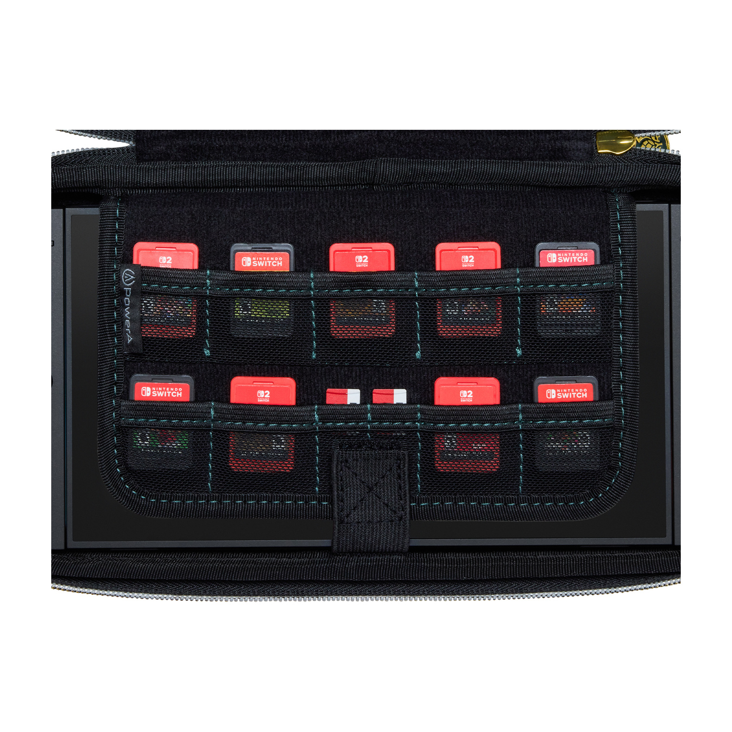 Custodia Switch nera aperta che mostra cartucce di gioco rosse e colorate organizzate.