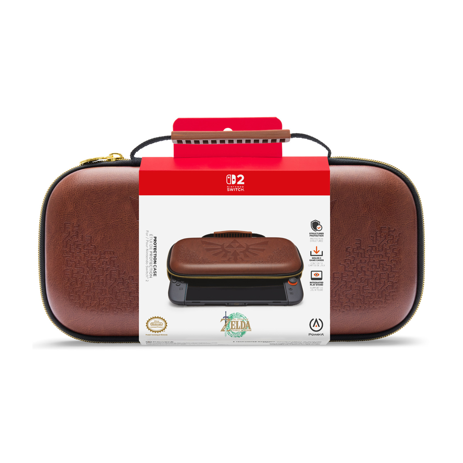 Custodia protettiva marrone Nintendo Switch a tema Zelda con fascia rossa.