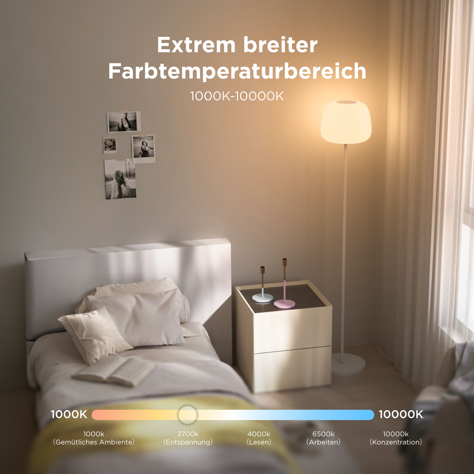 Schlafzimmer mit Bett, Nachttisch und Stehlampe, unten eine Farbtemperatur-Skala von 1000K bis 10000K.
