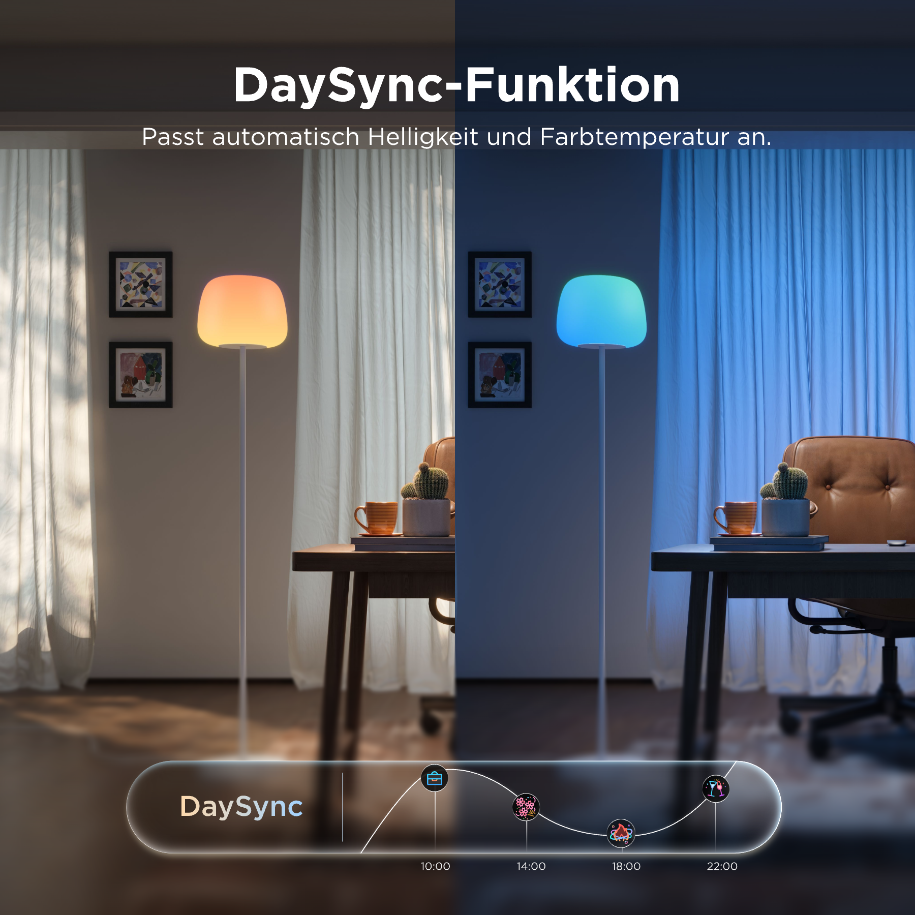 Eine Stehlampe zeigt Farbwechsel von warmem Orange zu kühlem Blau zur Veranschaulichung der DaySync-Funktion.