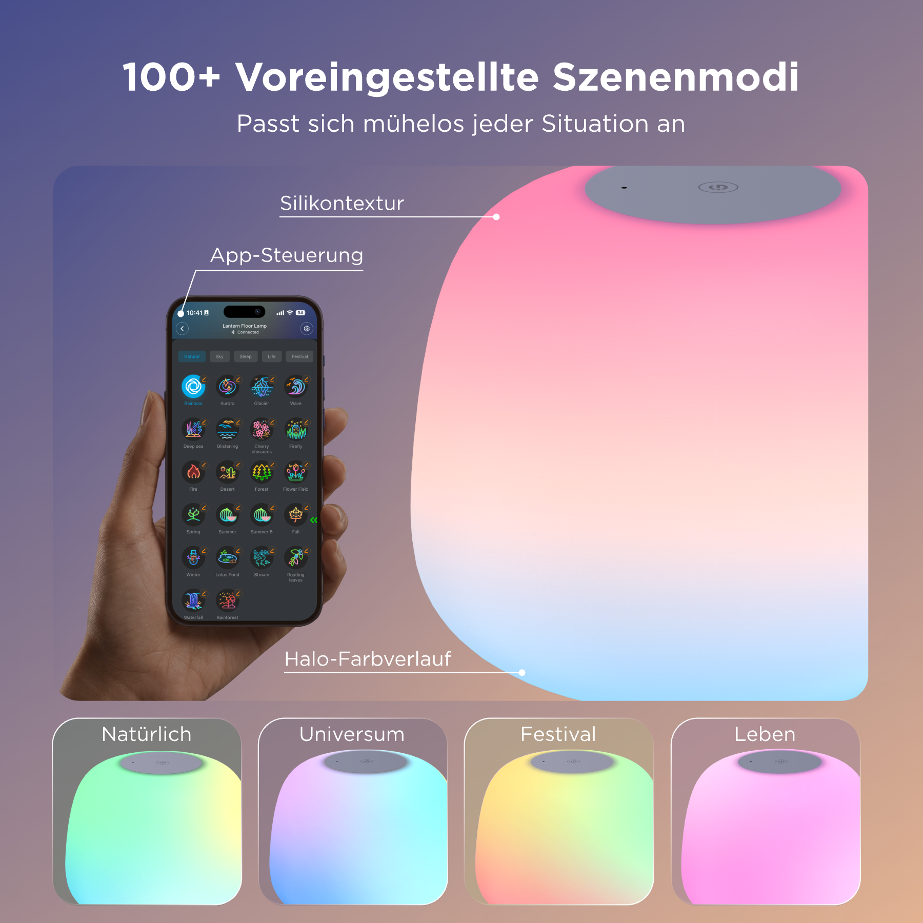 Eine Hand hält ein Smartphone mit App zur Steuerung einer bunten LED-Lampe mit verschiedenen Modi.
