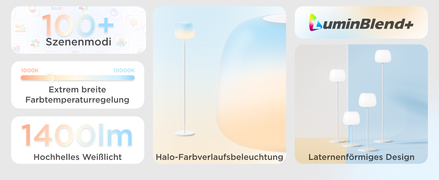 Produktwerbung für LuminBlend+ Standleuchten mit verschiedenen Szenenmodi, Farbtemperatur und Helligkeitswerten.