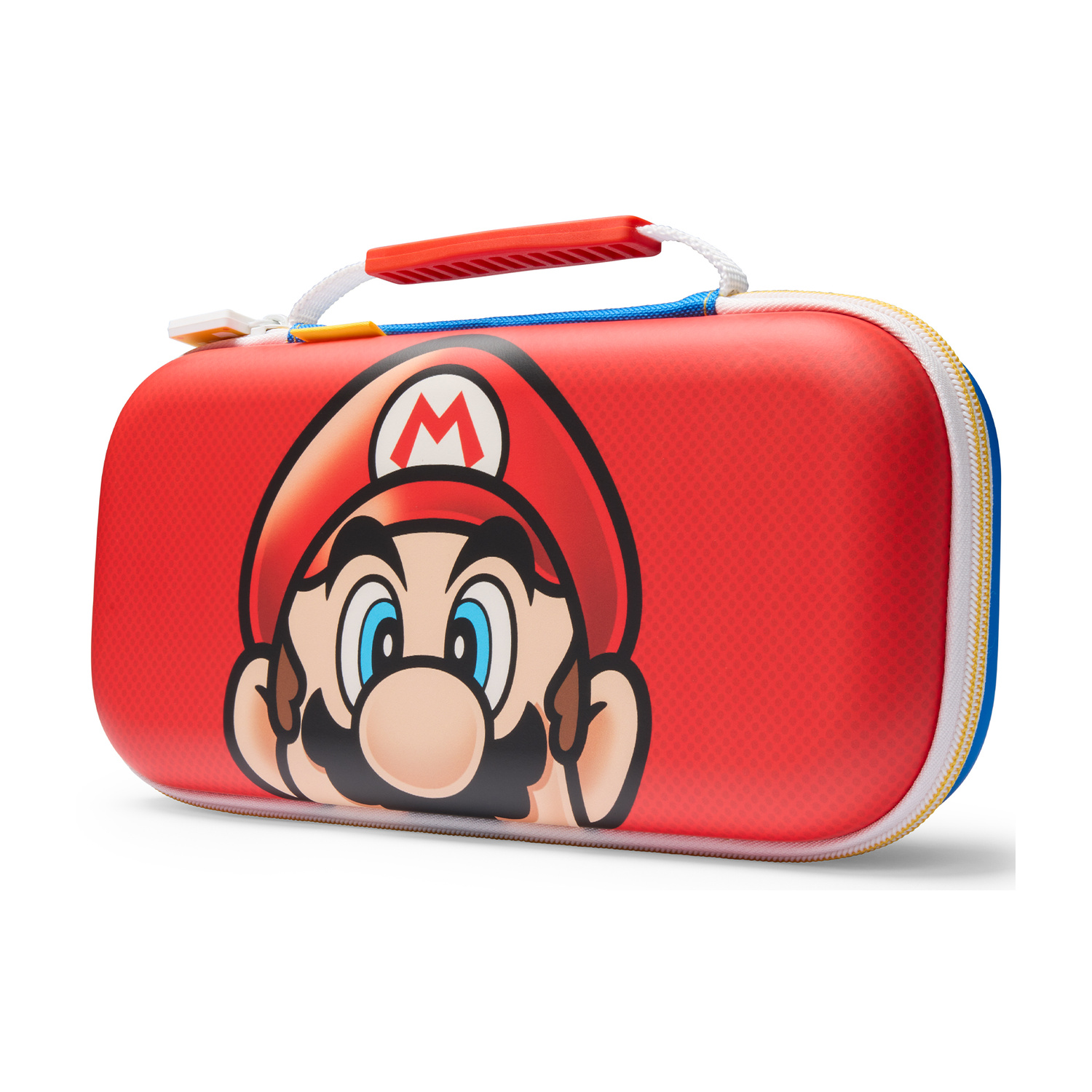 Custodia rossa per Nintendo Switch con il volto di Mario sul davanti e una maniglia rossa.