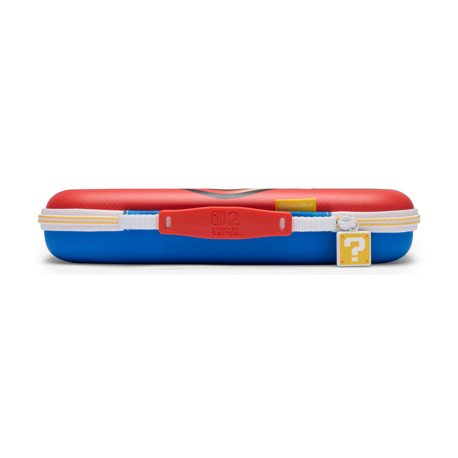 Custodia per Nintendo Switch a tema Mario con parte superiore rossa, inferiore blu e cursore a punto interrogativo.