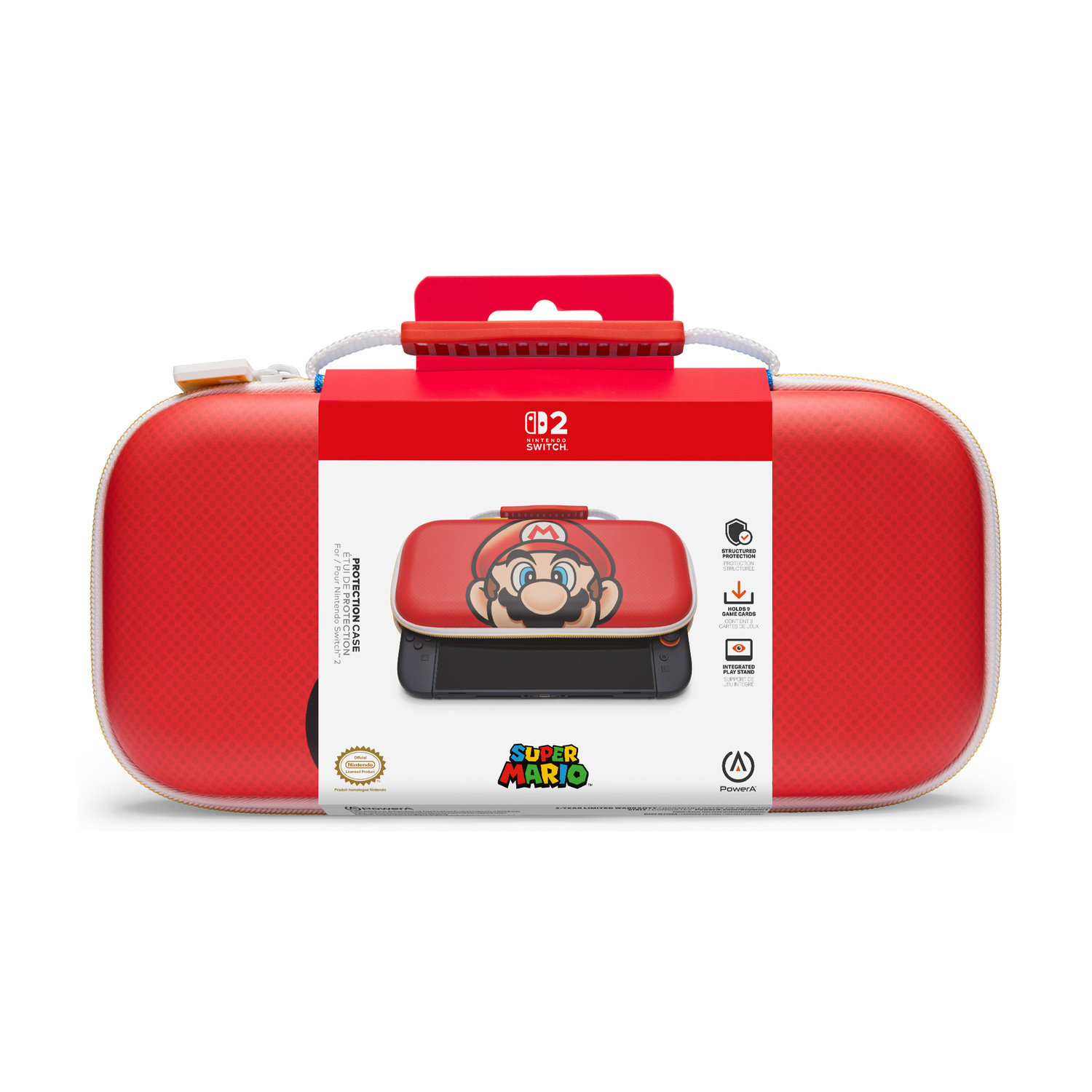 Custodia protettiva rossa Super Mario per Nintendo Switch in confezione con maniglia.