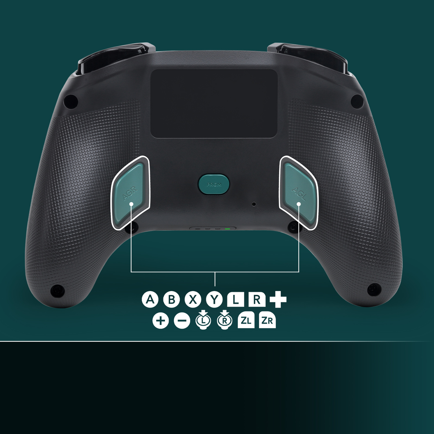 Retro di un controller nero con due pulsanti programmabili verde acqua e icone.