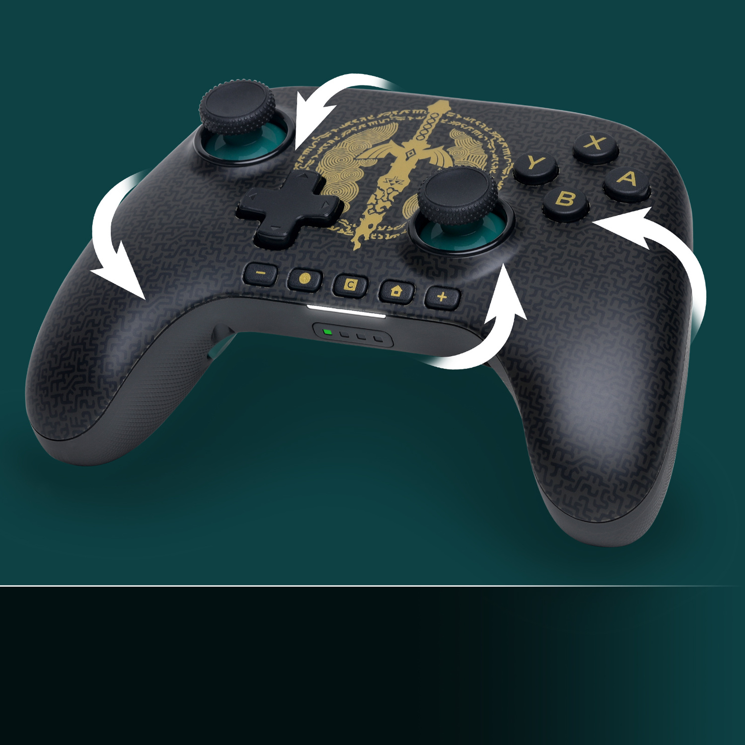 Controller pro nero Zelda con grafica dorata e frecce bianche su sfondo scuro.