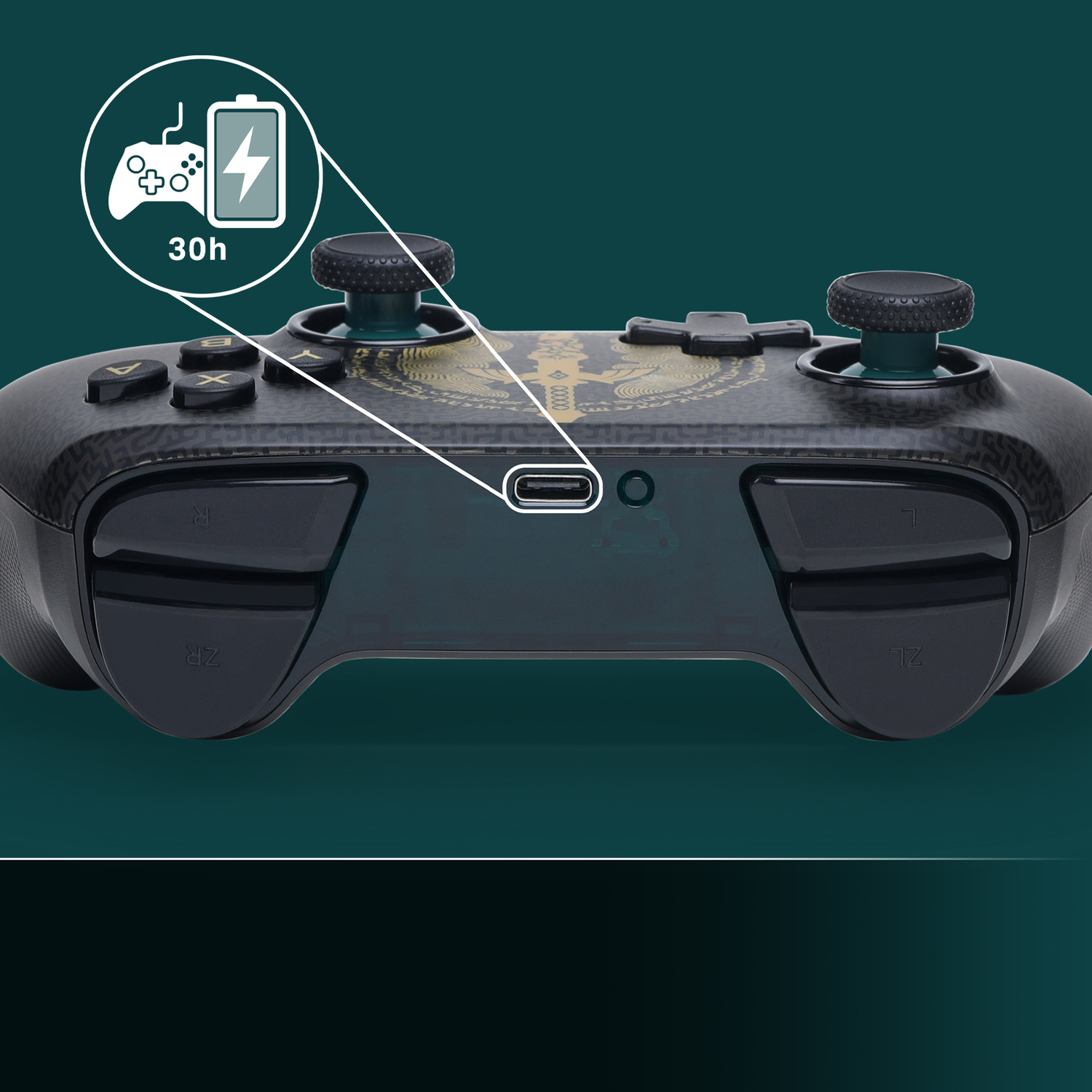 Un controller mostra una porta USB-C e un'icona che indica 30 ore di batteria.