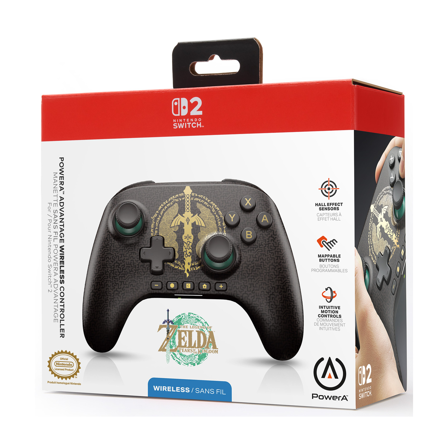 Confezione di un controller wireless PowerA Zelda per Nintendo Switch nero e oro.