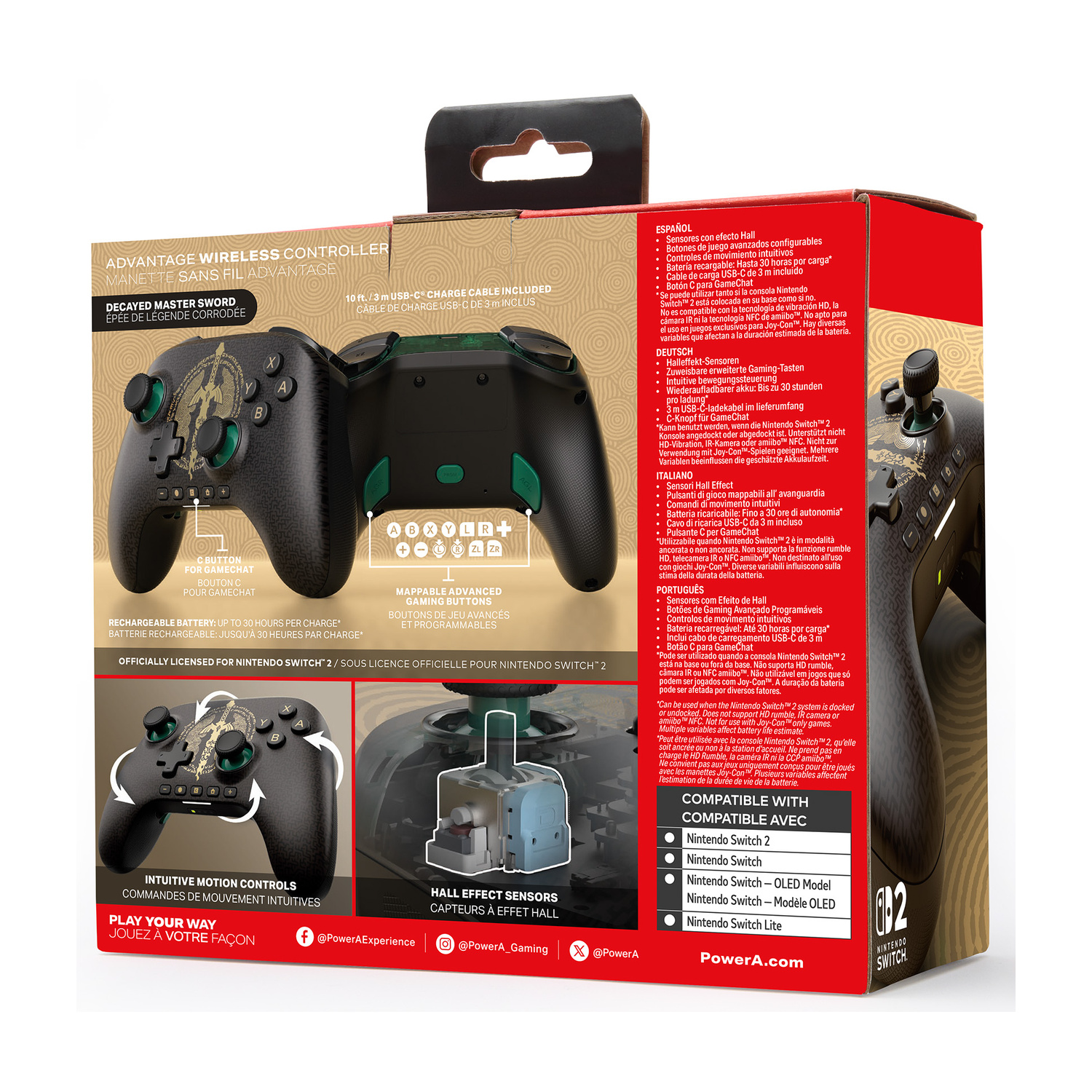 Retro della scatola di un controller wireless per Nintendo Switch con caratteristiche e specifiche.