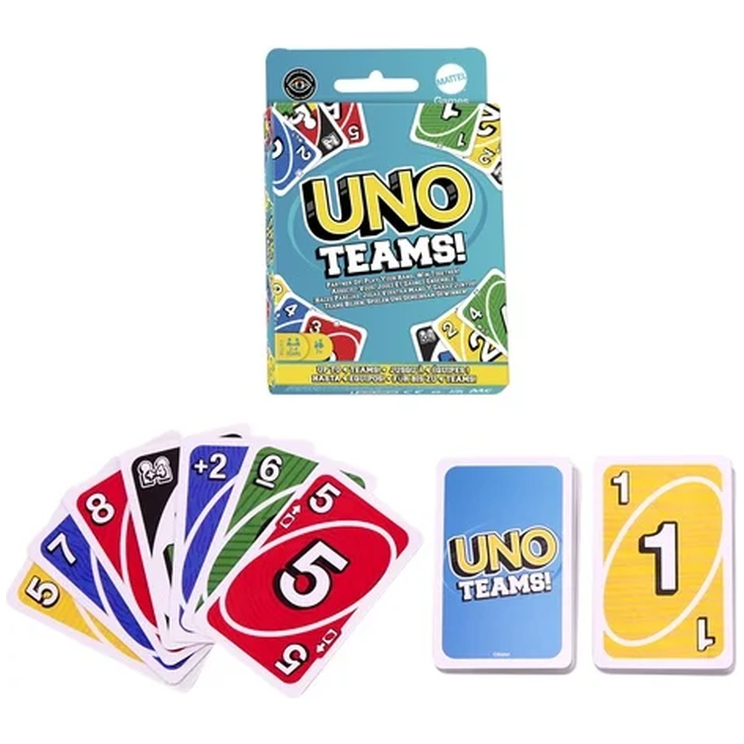 Boîte de jeu Uno Teams avec des cartes colorées étalées, dont un éventail et deux cartes visibles.