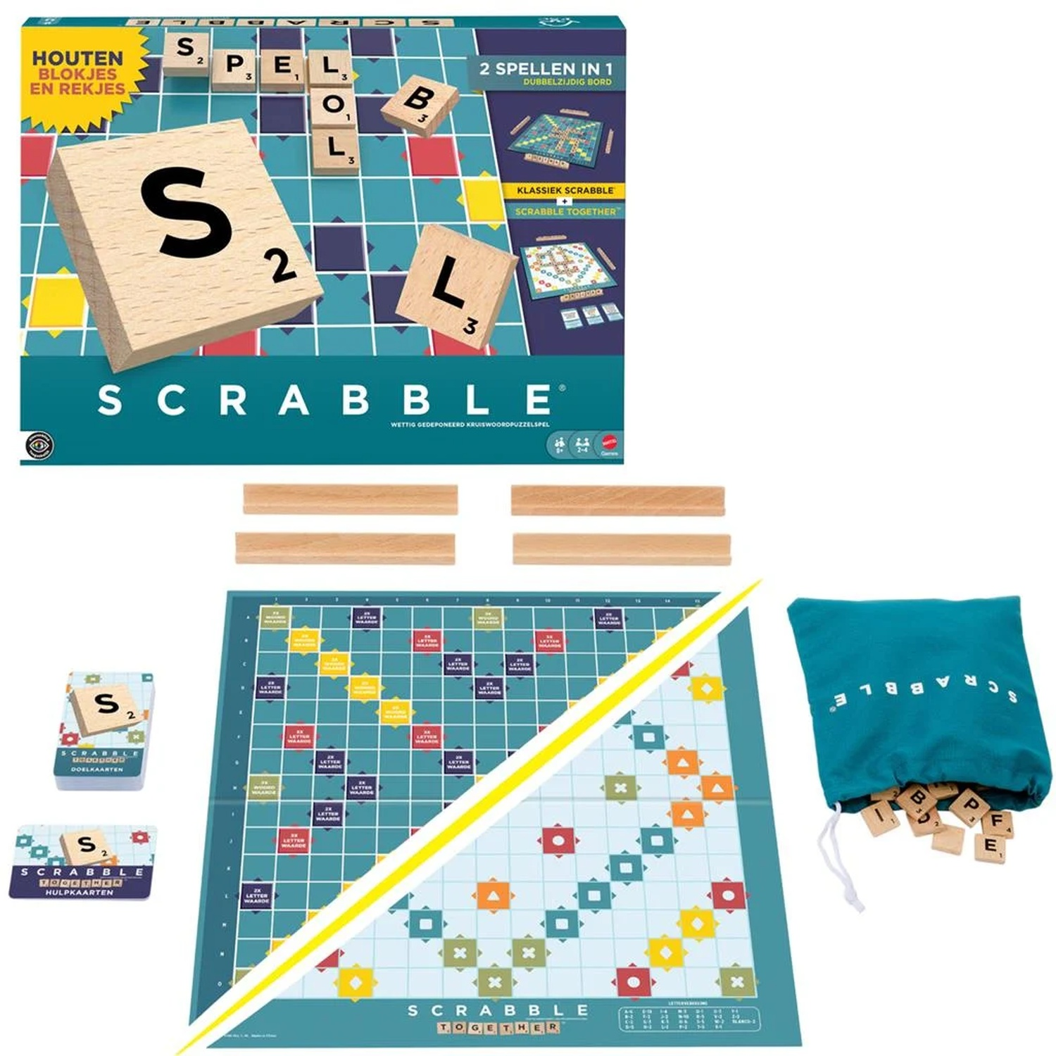 Scrabble bordspelset met doos, blauw bord, houten lettertiles, rekjes en een blauw zakje.
