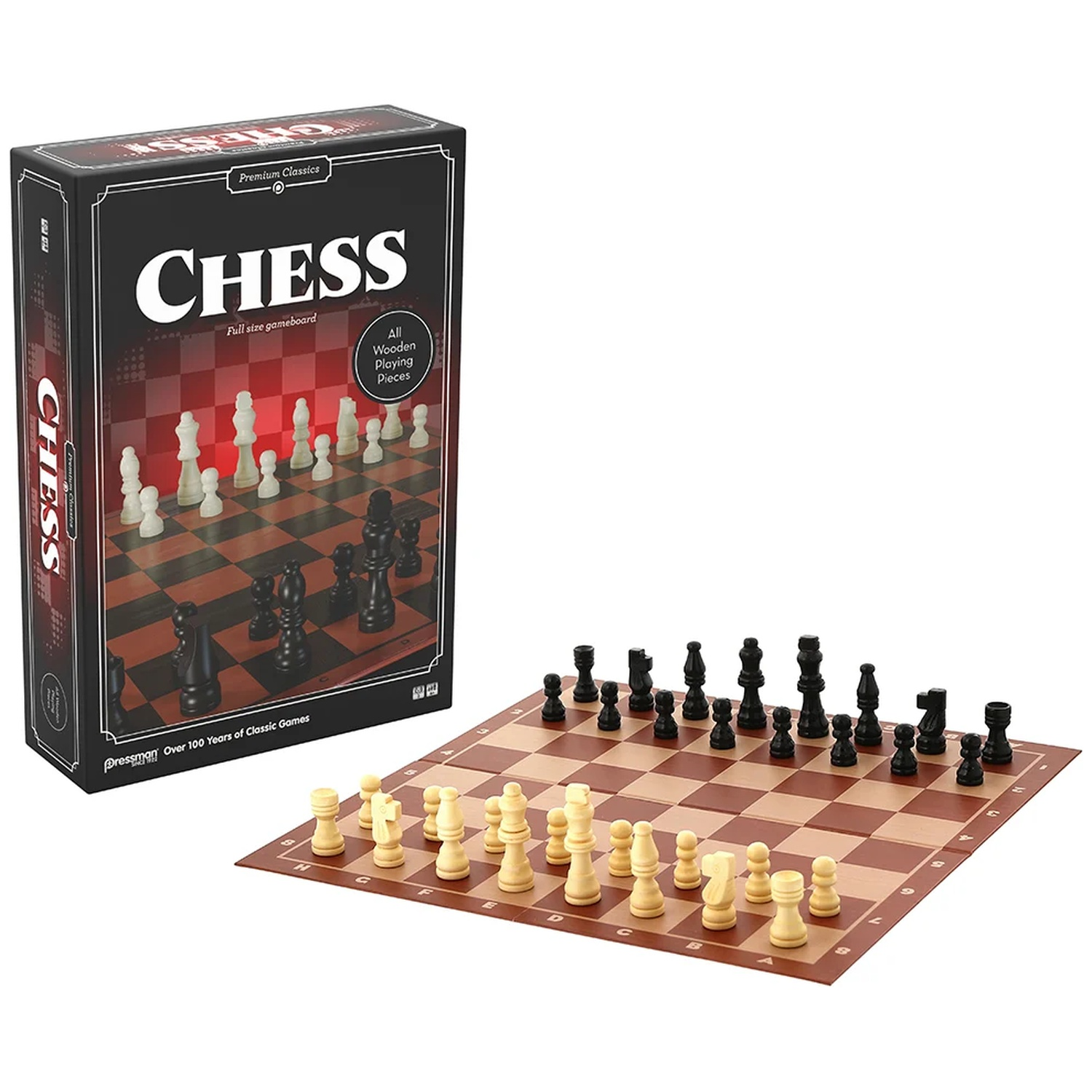 Een schaakspel met houten bord en stukken, naast een zwarte verpakkingsdoos.