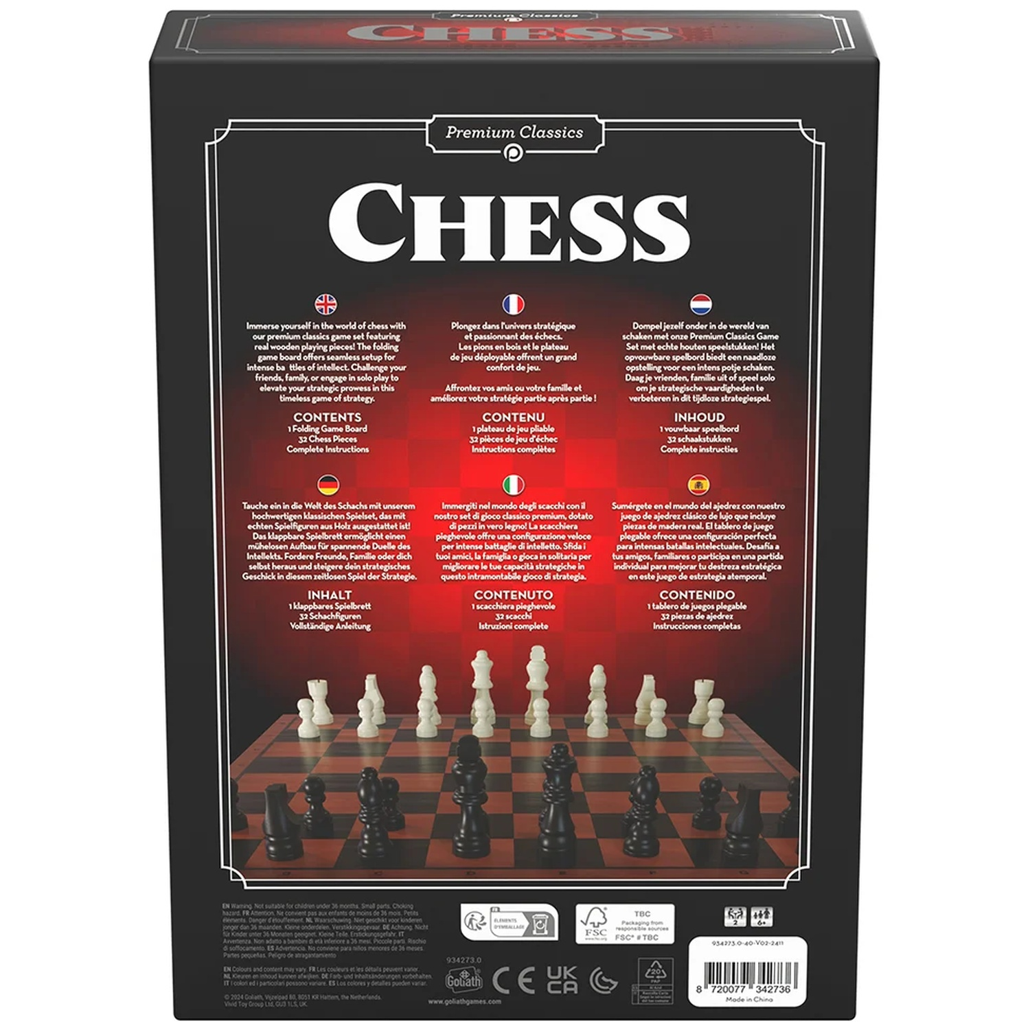 Achterkant van een Chess Premium Classics doos met productdetails en schaakstukken op het bord.