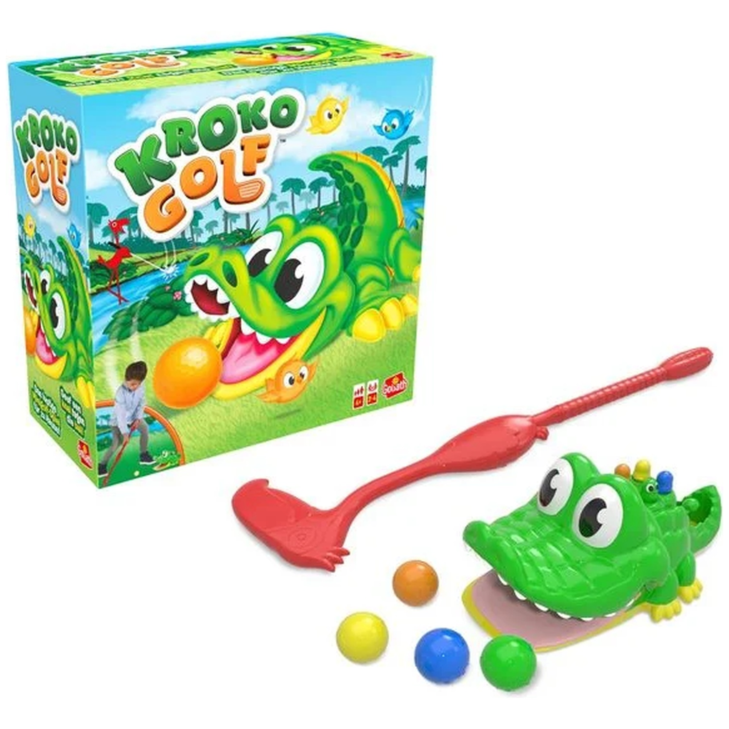 Jeu pour enfants Kroko Golf avec boîte, crocodile vert, club rouge et quatre balles.