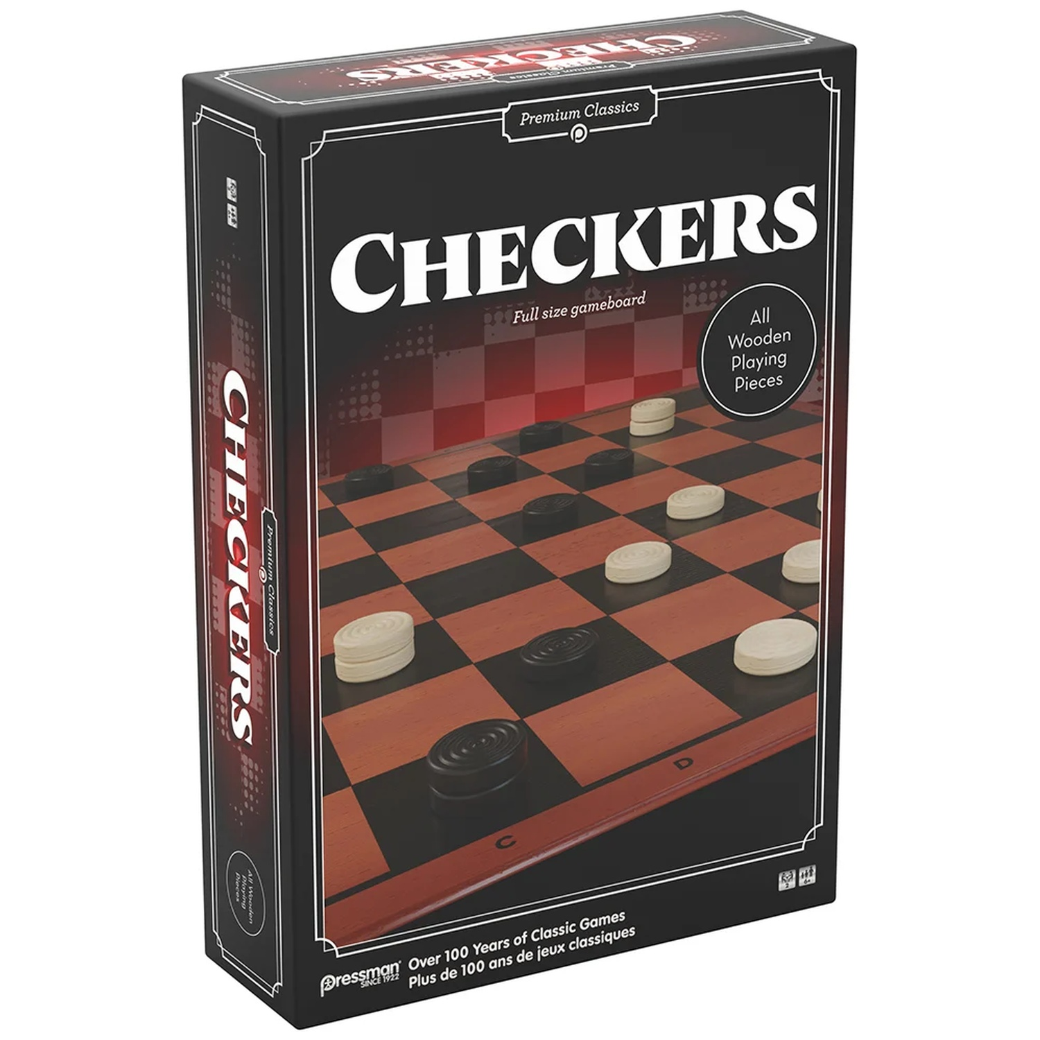 Doos van een Pressman Premium Classics damspel met rood-zwart bord en houten stenen.