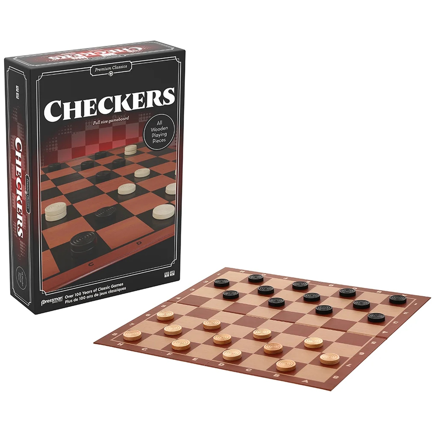 Een Checkers bordspel met zwarte verpakking en een opgesteld bord met houten stukken.