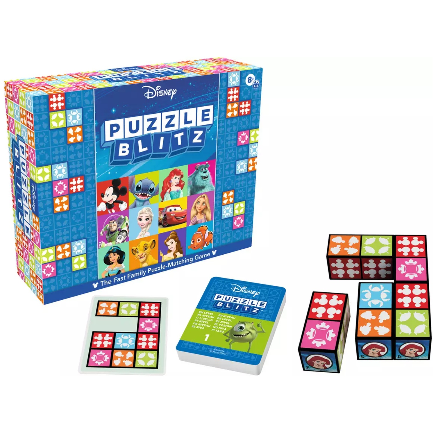 Disney Puzzle Blitz game set with box, cards, and colorful cubes featuring Disney characters.