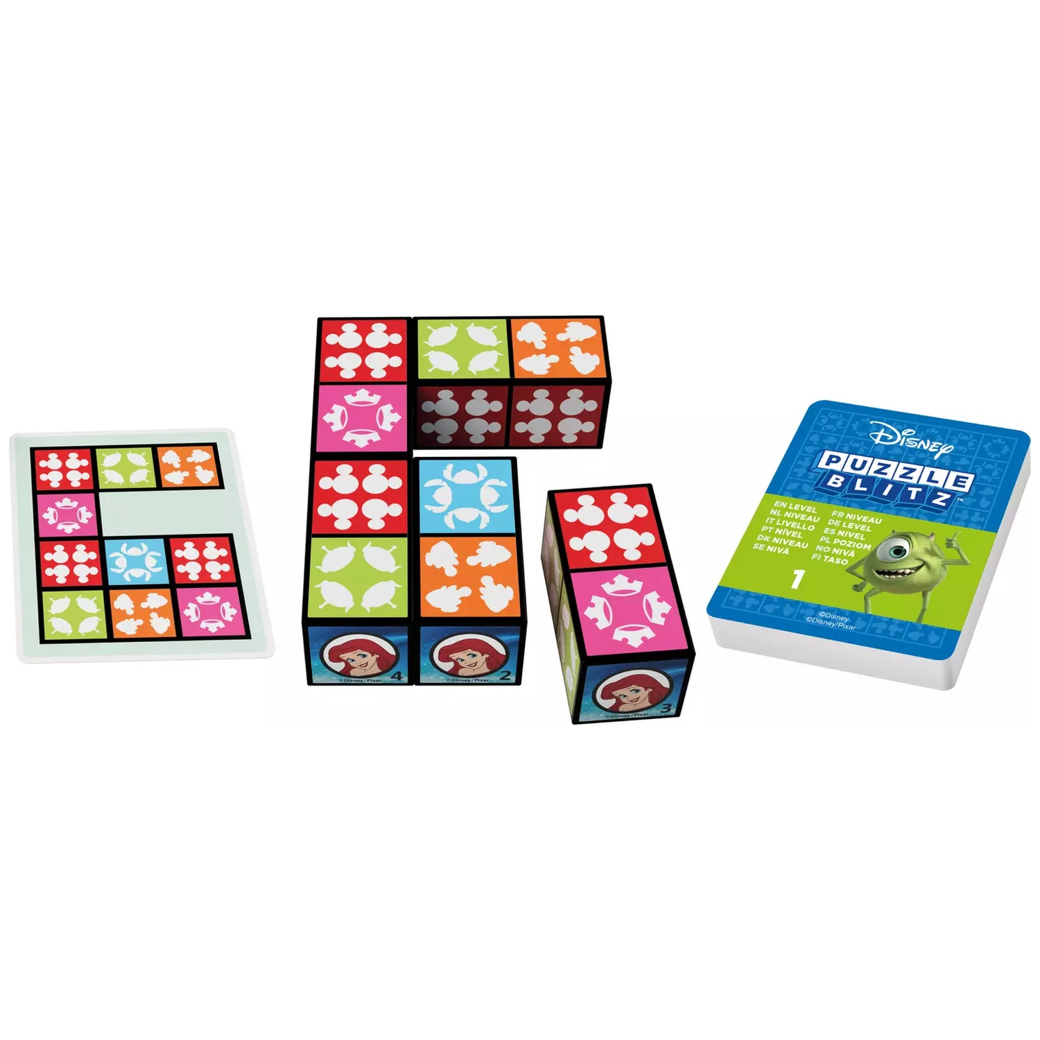 Disney Puzzle Blitz game with colorful puzzle cubes, challenge cards, and a deck of cards featuring Mike Wazowski.