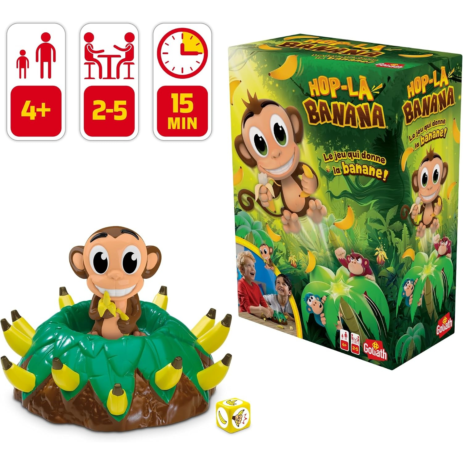 Jeu Hop-La Banana avec singe dans un buisson vert, bananes jaunes, dé et boîte colorée.