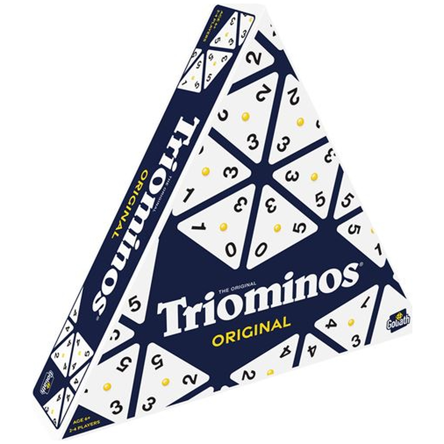 Een driehoekige Triominos Original speldoos in blauw en wit met nummers op de tegels.