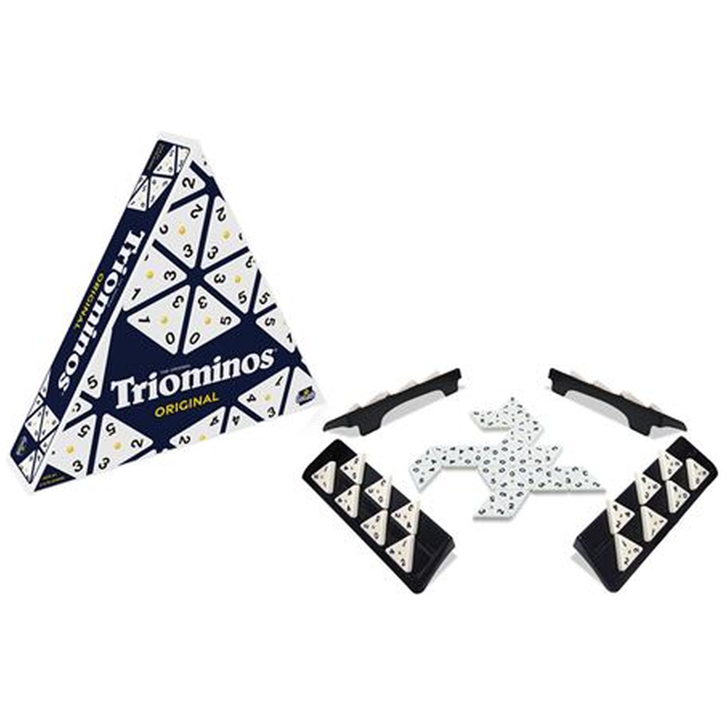Triominos Original bordspel met driehoekige stenen, houders en de doos op een witte achtergrond.
