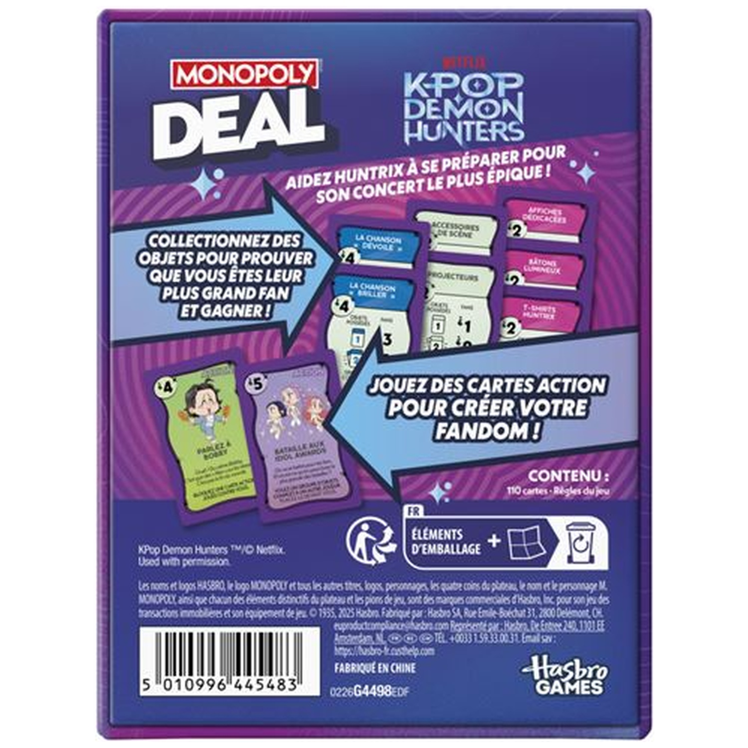 Achterkant van de Monopoly Deal KPop Demon Hunters doos met spelkaarten en paarse achtergrond.