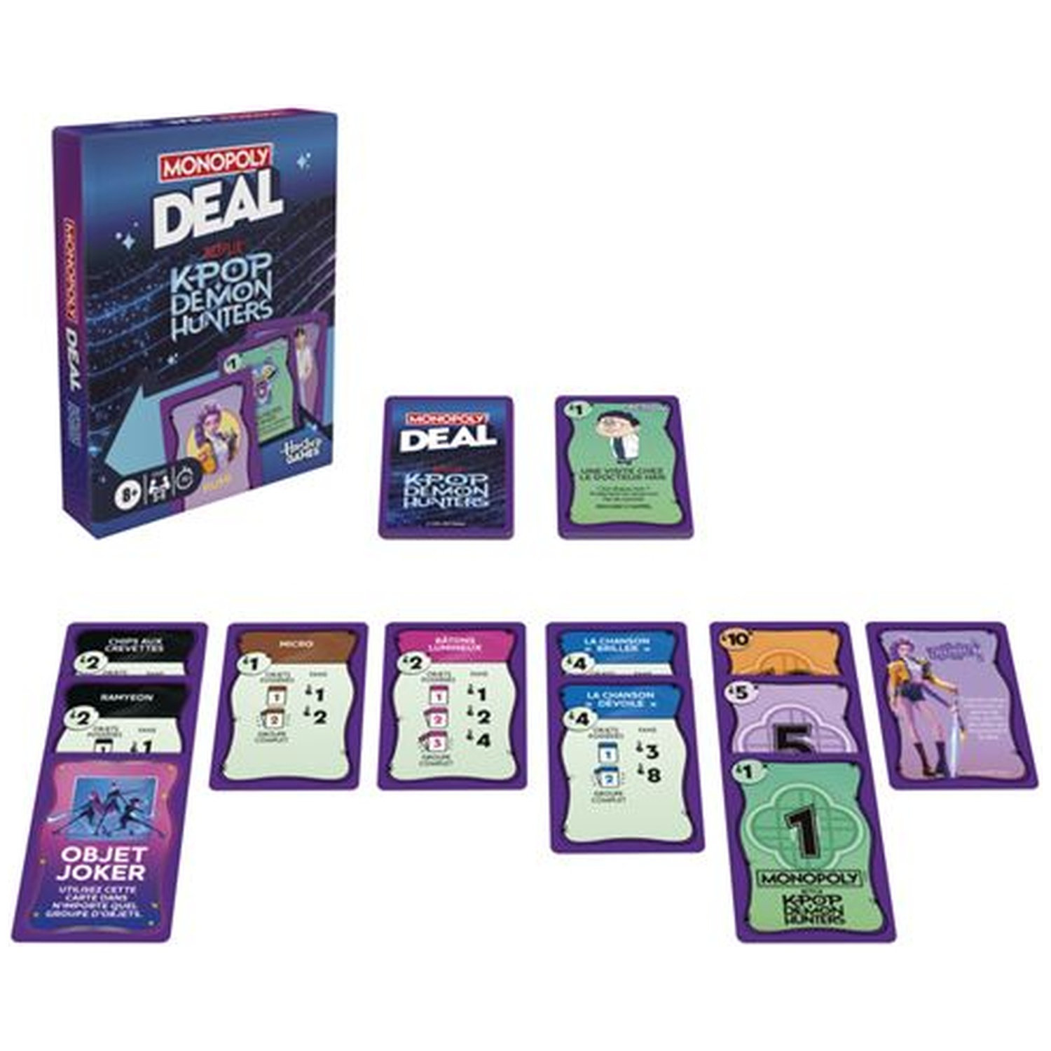 Monopoly Deal K-Pop Demon Hunters speldoos en verschillende kaarten op een witte achtergrond.