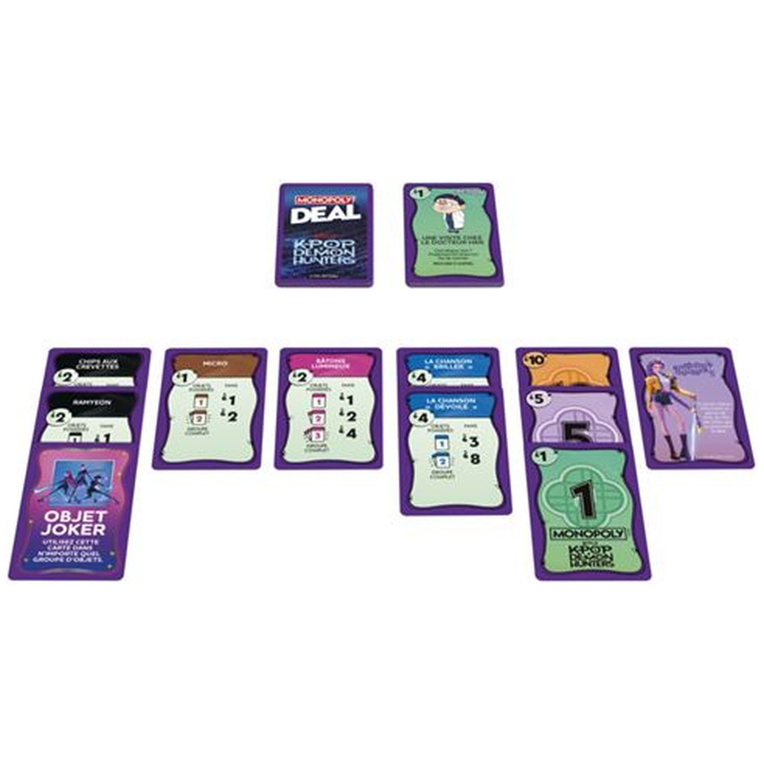 Verschillende kleurrijke Monopoly Deal K-Pop Demon Hunters kaarten liggen plat op een wit oppervlak.